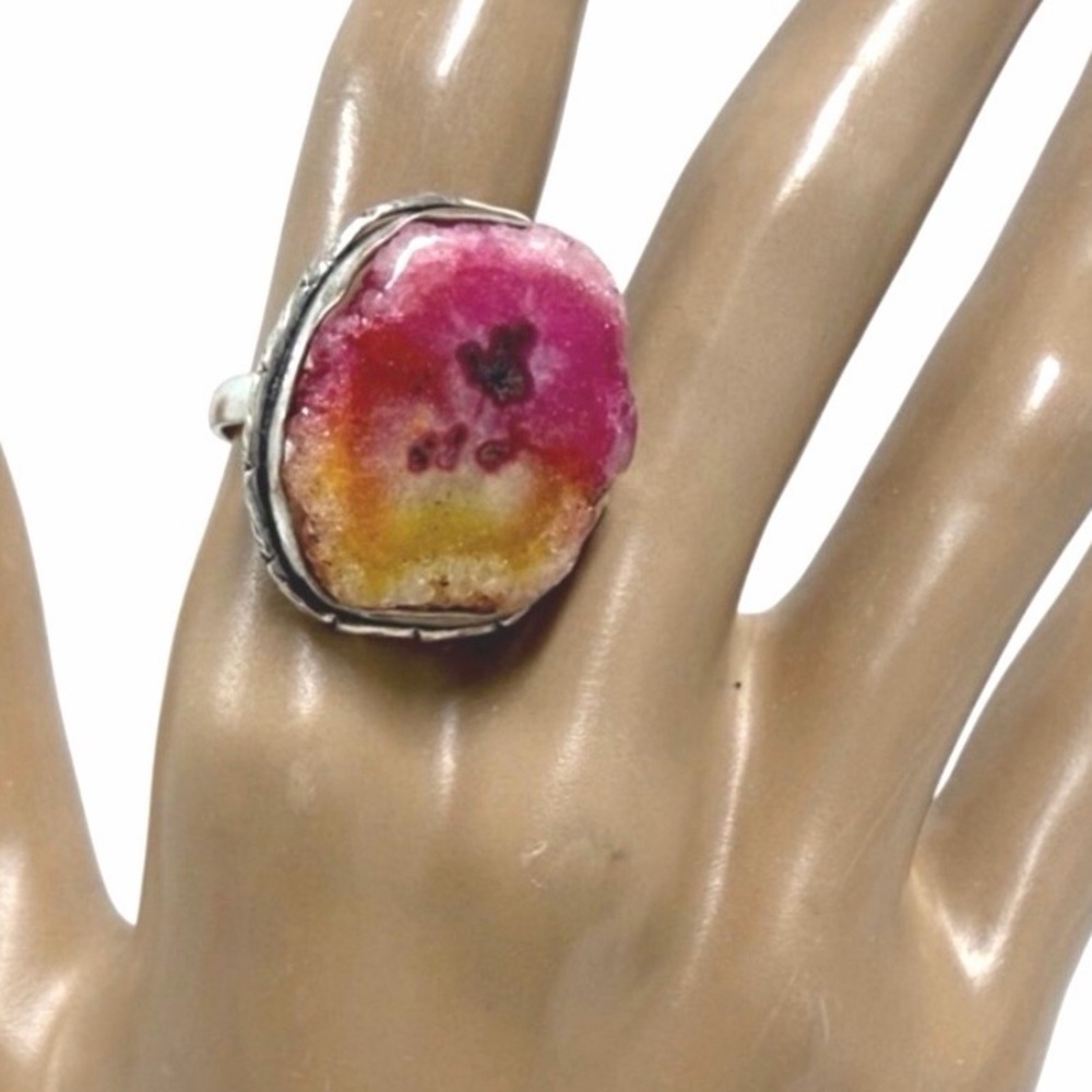 Hand crafted Silver Overlay‎ Solar Quartz Adjustable Ring 925